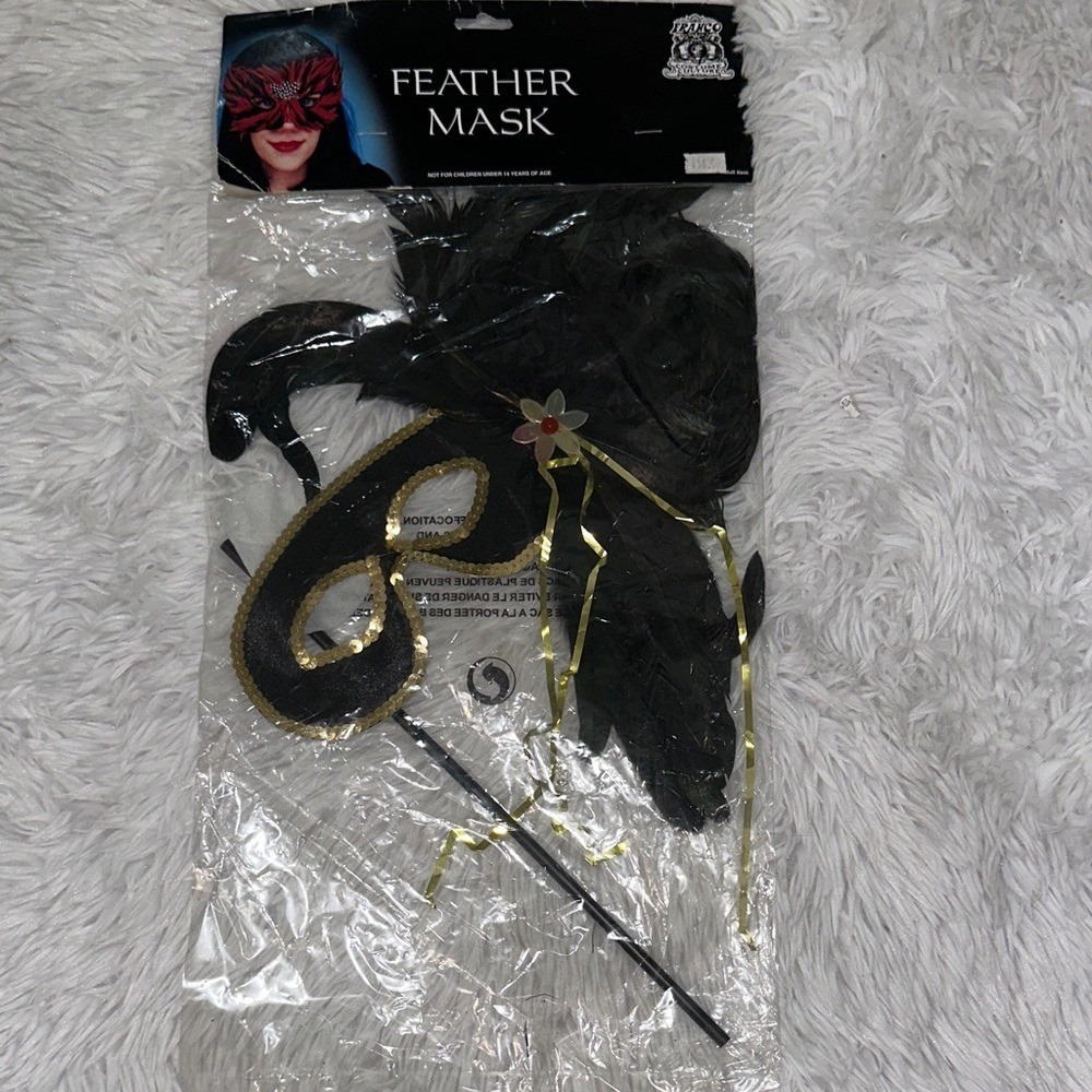 Franco Costume Culture Feather Mask Black Gold Sequin Handheld Masquerade Wand